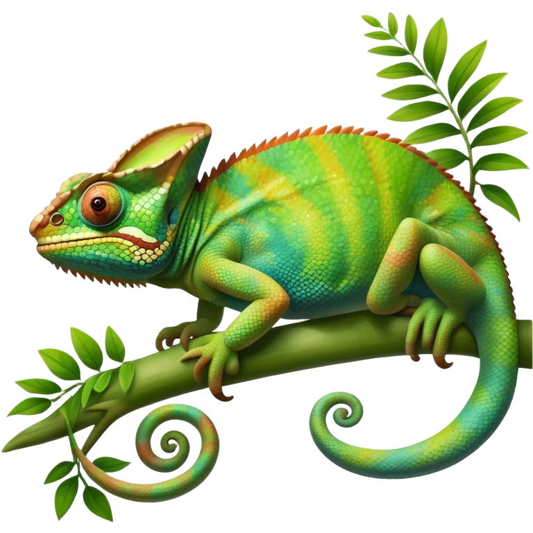 giant-chameleon-realistic emoji,-blending-with-vibrant-greenery.-detailed-scales-in-shifting-colors,-showing-the-chameleon’s-ability-to-camouflage.-soft-natural-light-highlights-its-texture.-nature-background, zoomed into its face emoji