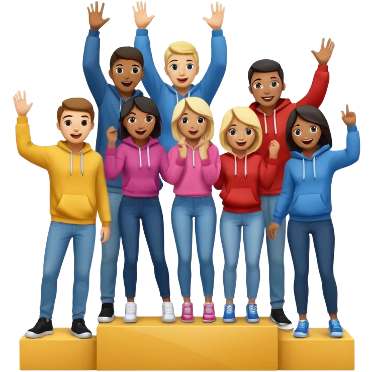 five multi-racial men and women standing on a winners’ podium with no numbers, casually dressed in fun clothing like jeans and hoodies, excited, fun, expressive emoji style emoji
