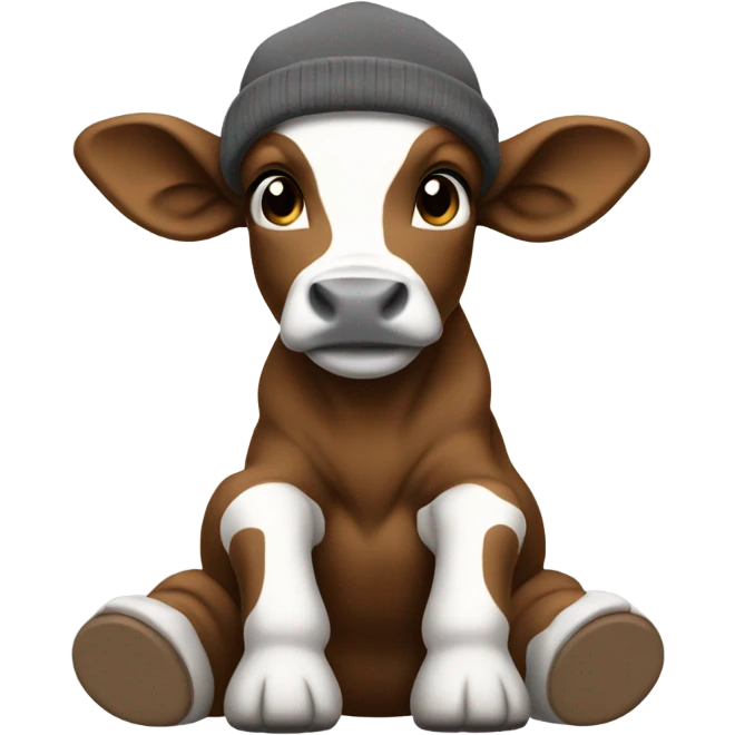 Brown white and black calf sitting down with a grey carhartt beanie on emoji