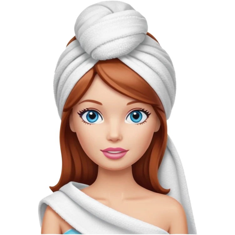 A Barbie face blue eyes with shoulder-length reddish brown hair, makeup with cream on face and a towel on her head emoji