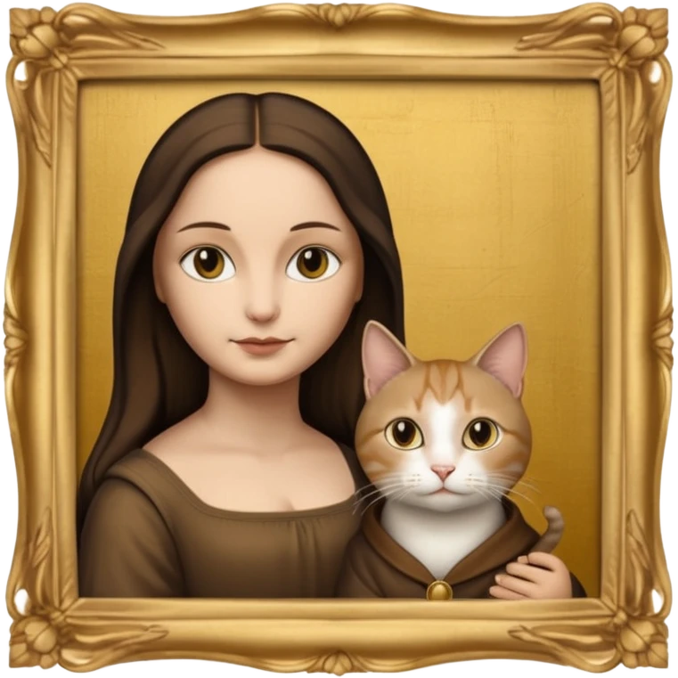 gold frame, painting, Mona Lisa in brown clothes, with cat emoji