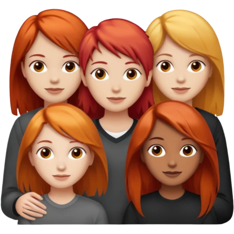 Can you create an image of 3 friends together one with red bright hair light skin one the other with brown hair with some blonde highlights in the hair fair skin the last one with light brown a tint of orange hair and black long hair with brown  emoji