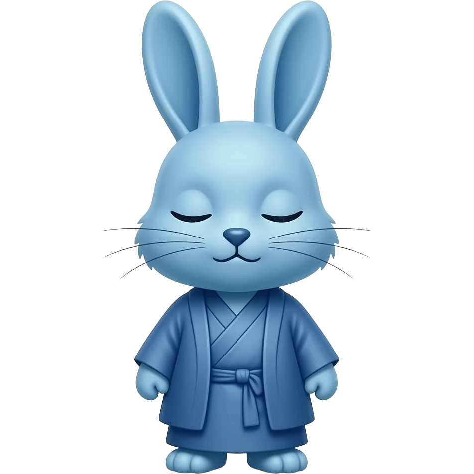 A bunny wearing spiritual clothes blue in color with eyes closed, looking super sleepy emoji