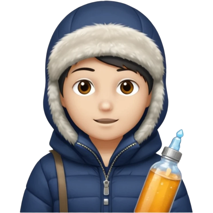 Junge mit Sturmhaube braune augen auf der rechten seite kleinen nasenpircing (glitzerstein) in der Rechten hand eine Jacky flasche und einer winterjacke mit fell an der mütze emoji