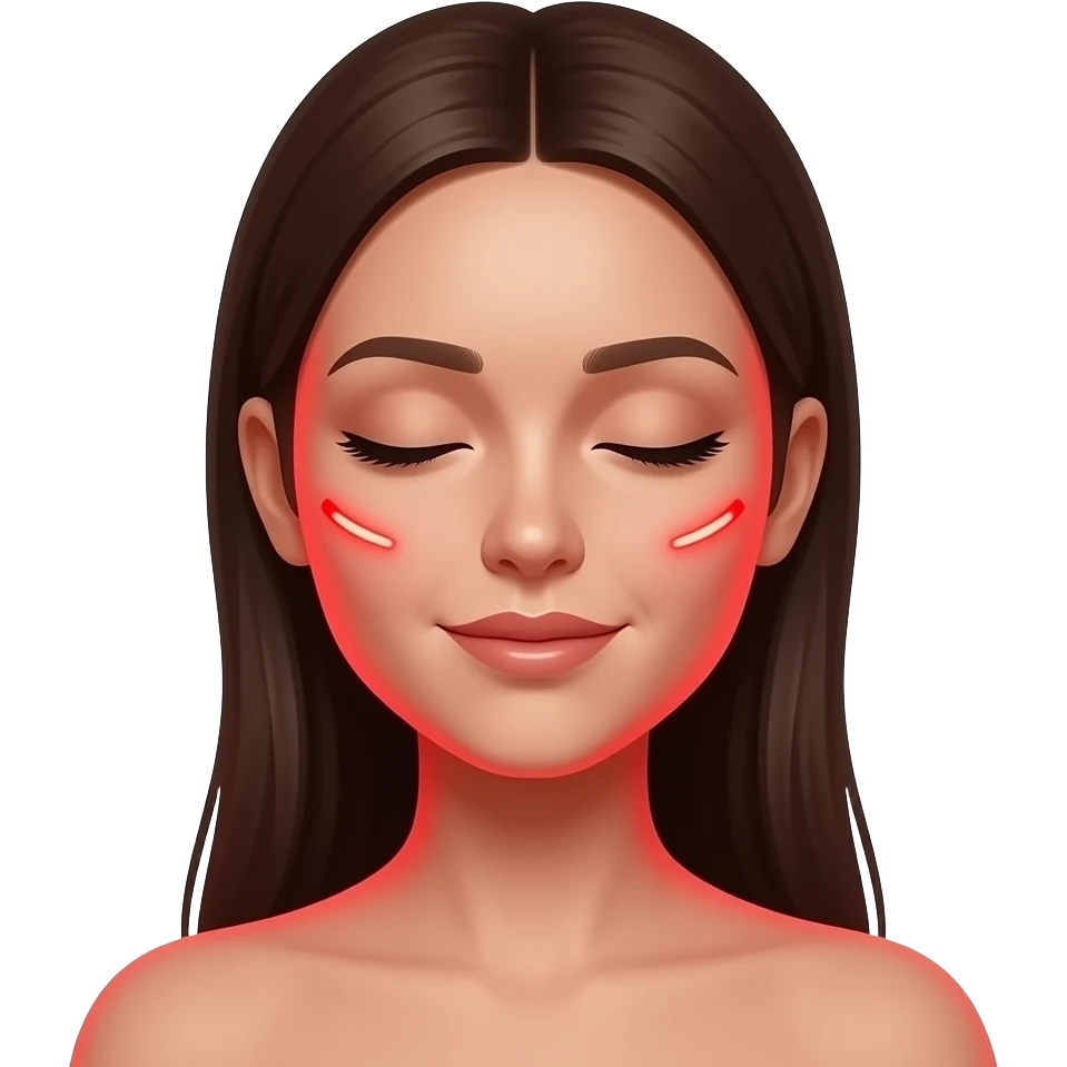 iPhone emoji style illustration of a relaxed woman receiving red light therapy, soft facial expression, glowing red light illuminating her face, smooth skin, minimalistic, glossy 3D emoji style, soft shadows, high detail, centered composition, isolated on pure white background, no text emoji