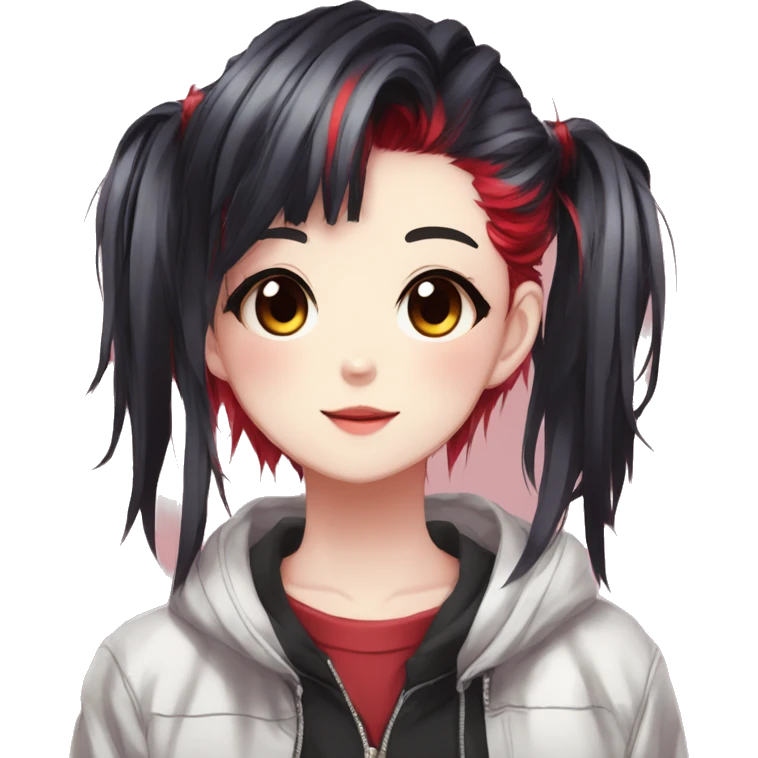 Gorgeous anime style shojo character with blushing face aesthetic and pretty edgy black red punk hair with hair garment trending style emoji