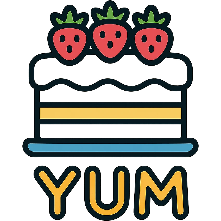 white cake with strawberries on top, text 'YUM' emoji