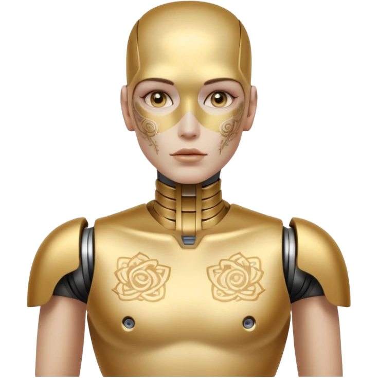 gold Tatooed robot, big many tatooes on chest, neck and face, white tatoo on face emoji