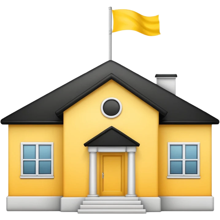 simple school, white background, magic school, black roof, with a big flag, big flag on a roof, big yellow flag, white school emoji