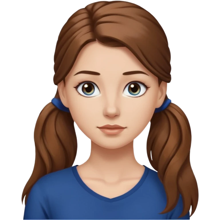 pretty white girl brown long hair makeup ponytail  on left shoulder, dark blue shirt emoji