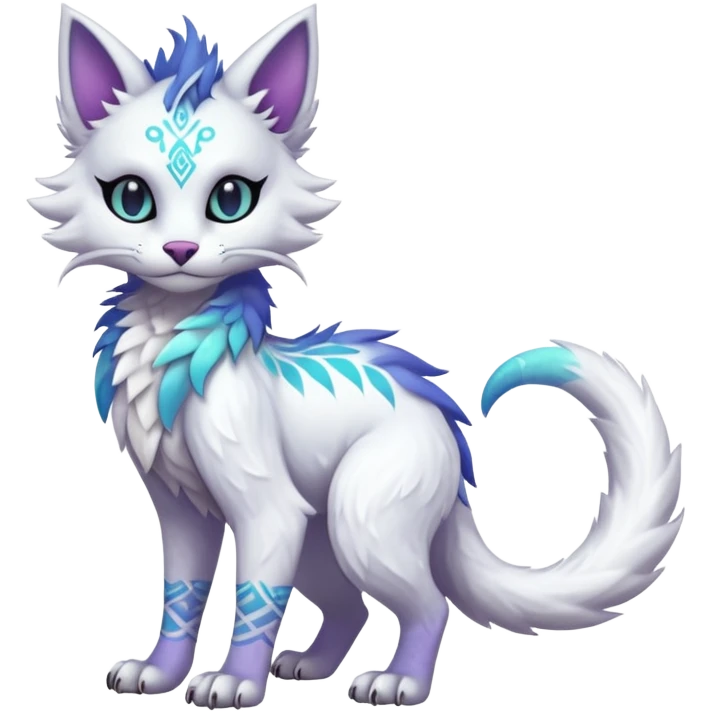 Kawaii white iridescent edgy cute cool fantasy feline-vernid-sergal-fursona animal creature with a tufted tail full body with intricate tribal markings  emoji