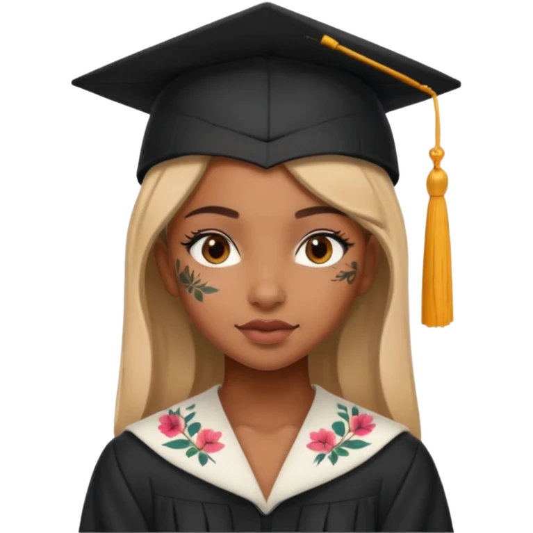 fully nude and sexy brown skin girl, floral tattoes, in student cap, graduating emoji