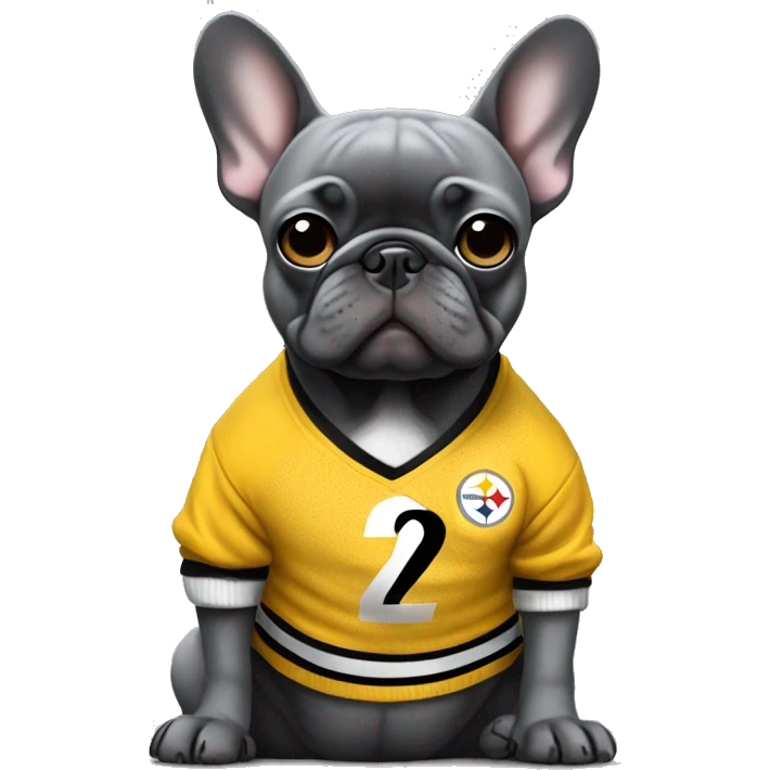 Full body Grey frenchie wearing a Pittsburgh Steelers sweater emoji