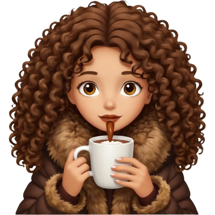 tanned girl with long brown curly hair, drinking hot chocolate , wearing oversized fur jacket emoji