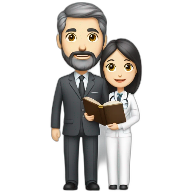 husband classy caucasian dark gray hair trimmed beard wearing business suit holding bible, wife asian age 55 dark hair nurse uniform, no children emoji