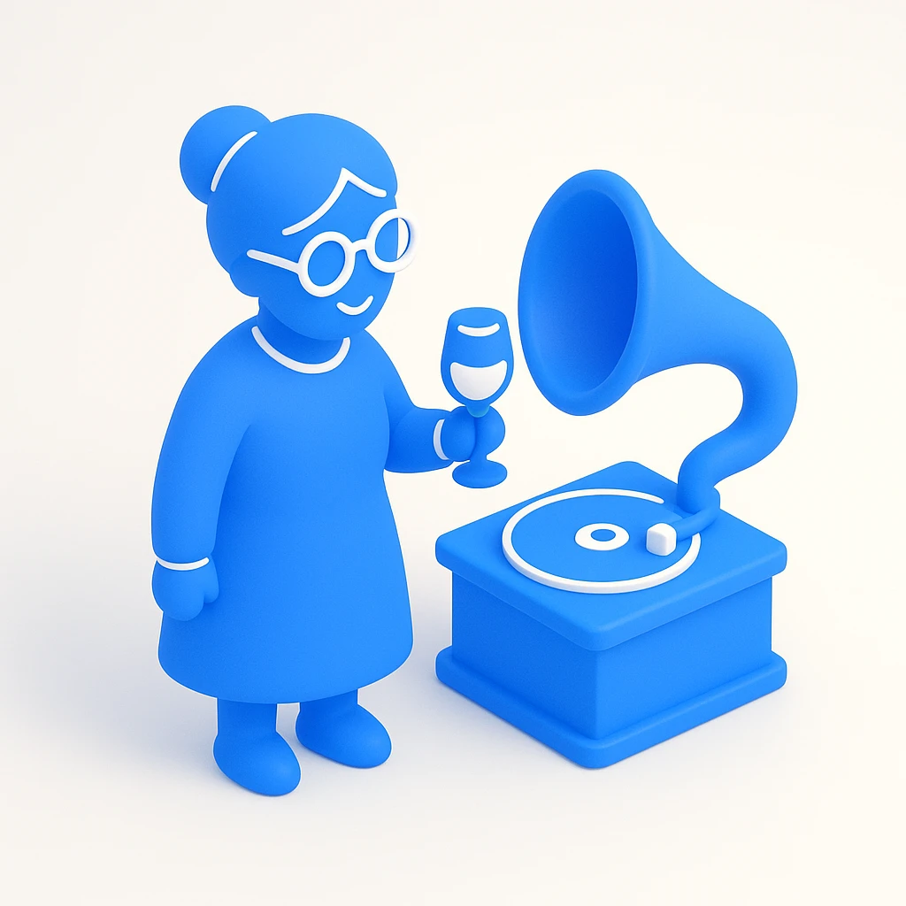 old lady with wineglass listening to gramophone emoji