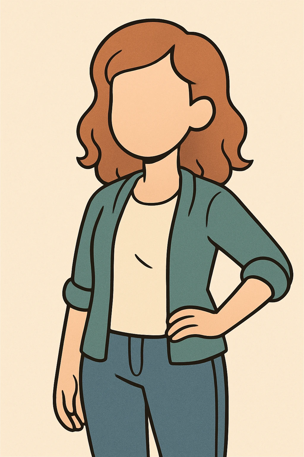 friendly faceless young woman, soft approachable features, no facial details, modern casual style, simple flat toon illustration emoji