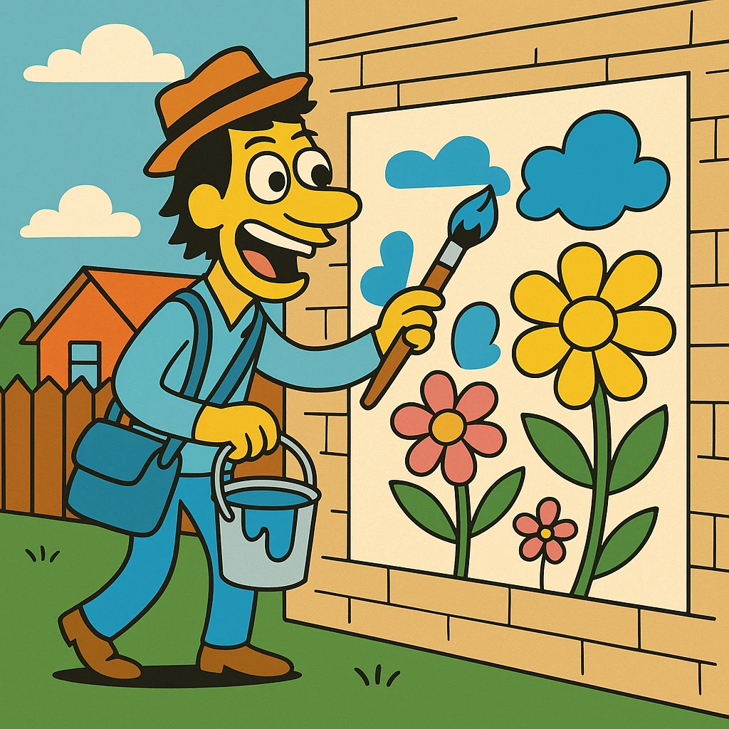 The itinerant artist traveled from town to town painting murals (big pictures painted on walls, often outside or in public places). emoji