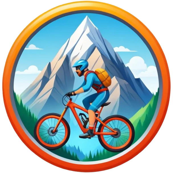 A bold, dynamic emblem combining elements of extreme sports like a mountain, a bike, and a parachute, all within a circular or shield-like shape. The design conveys speed, adventure, and adrenaline, with sharp lines and vibrant colors representing the thrill and intensity of extreme sports. emoji