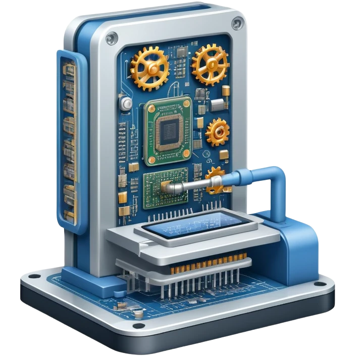 An icon featuring a giant machine soldering a huge microchip, symbolizing engineering. The design includes mechanical gears, circuit boards, and a blueprint, representing the precision and innovation in designing and building technology. Transparent background highlights the art of engineering emoji