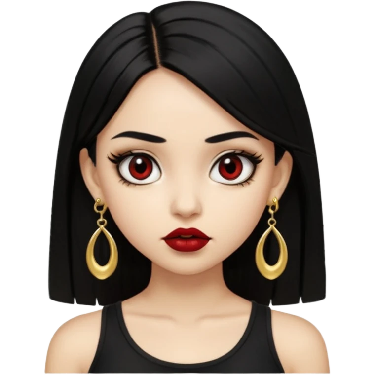 A light skinned girl with black hair, black eye, straight hair, big eyes, dark red lipstick, wearing black crop top and gold earrings, nosepiece  emoji