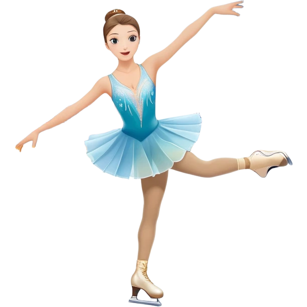 An colorful icon featuring a graceful figure skater performing a spin on the ice. The background includes a grand ice rink palace with shining spotlights and cheering spectators in the stands. Transparent background highlights the elegance and artistry of figure skating emoji