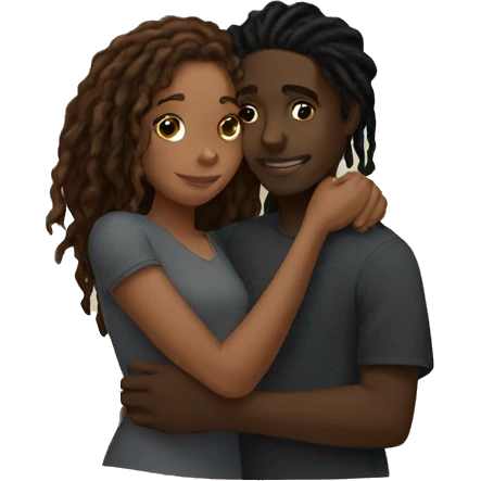 Brown girl with wavy hair hugging black boy who has dreads  emoji