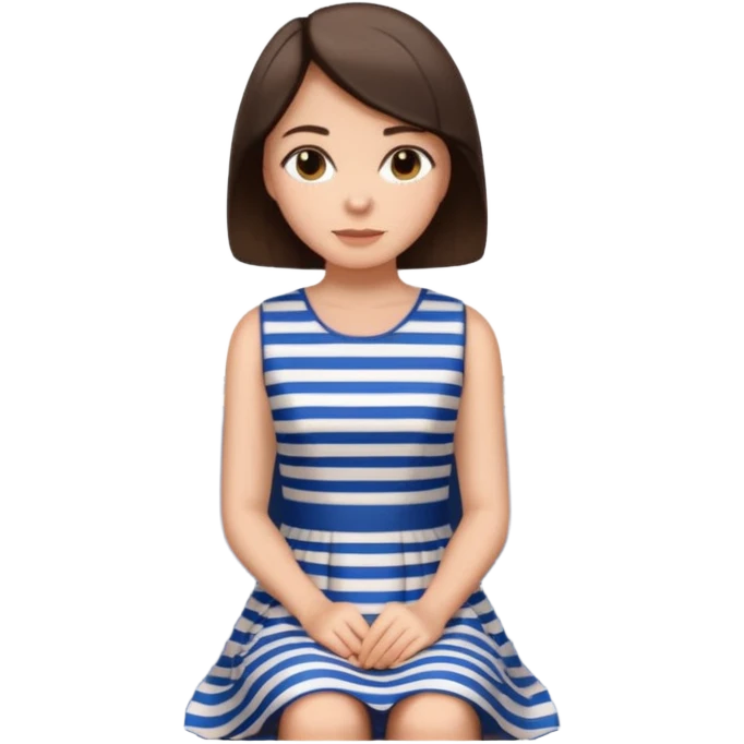 Pretty, sexy, slightly curvy white woman with short dark brown hair, wearing a blue and white striped dress, sitting in a train emoji