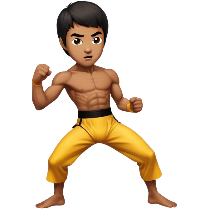 Cinematic Realistic Bruce Lee Portrait Emoji, depicted as a dynamic martial arts icon with an intense gaze and athletic physique caught in a fluid motion, rendered with vivid textures and energetic lighting that embodies his legendary prowess. emoji