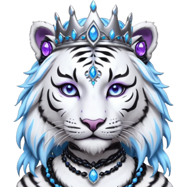 ESO Female white/black tiger khajiit leader of the umbral rose, glowing blue eyes, glowing blue 'third eye' gem, black beaded dreadlocks; silver crown/tiara with purple gems emoji