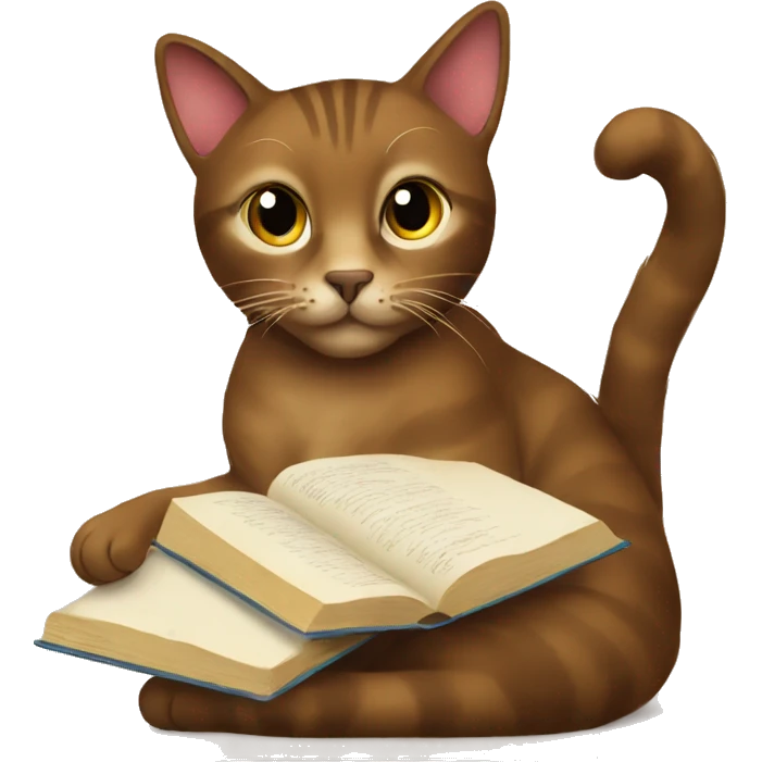 Brown cat sitting with a book emoji
