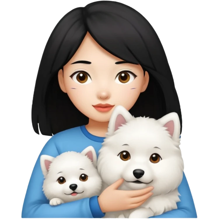 A black hair asian girl with a bright skintone holding a samoyed dog emoji