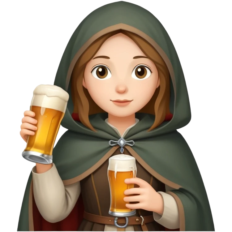 young female medieval pilgrim with cloak and beer bottle emoji