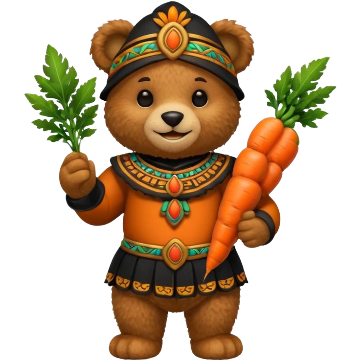 teddy bear, wearing black mayan ancient custome, with carrot half body emoji