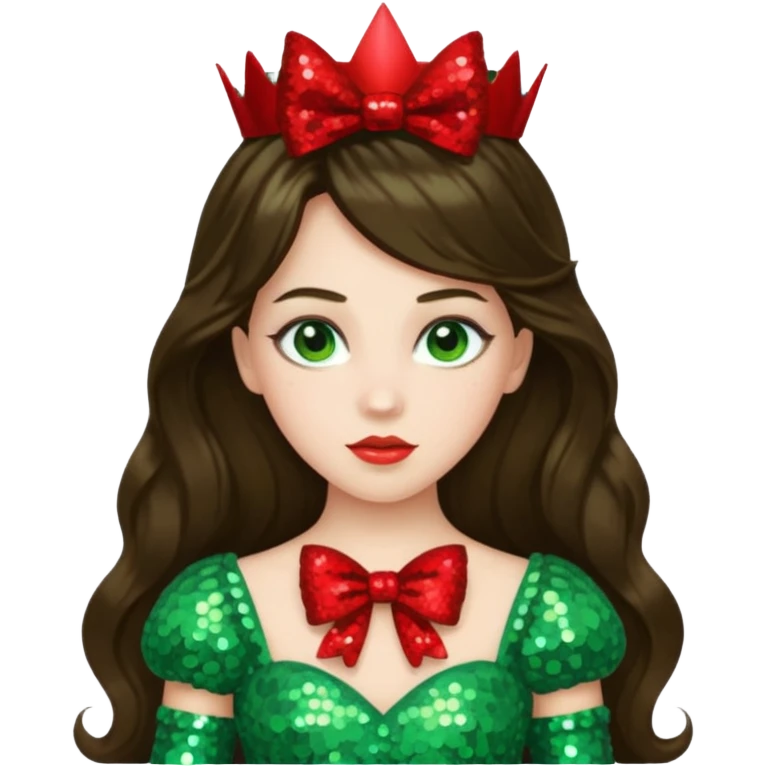 Princess Ozma from Oz with long brunette hair, light green sequin outfit, red bow emoji