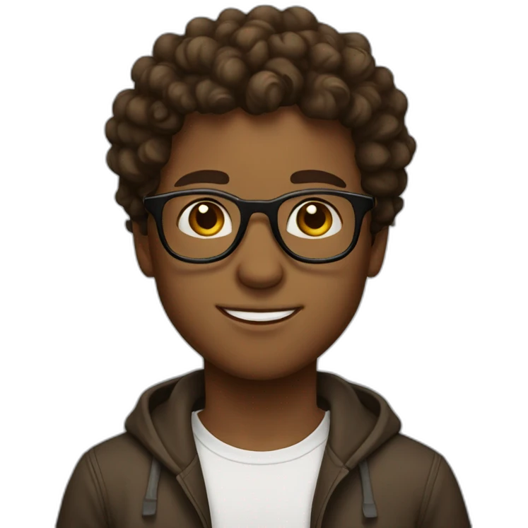 brown with curly hair boy, with glasses. and white skin emoji
