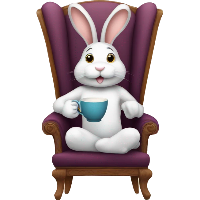 Bunny sitting on a chair drinking a cup of tea with a clock  emoji
