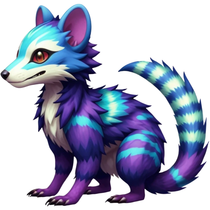Sharp realistic detailed Colorful translucent luminescent glowing Trico-Sergal-Furret-Ferret-Wolverine-Vernid-furry-fursona-fusion-Fakemon-animal-hybrid-creature, full body emoji