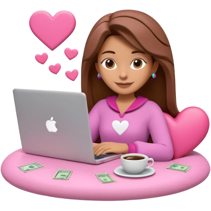 3D clay character relaxed with laptop and coffee, floating icons (envelope, heart, dollar), colofrful outfit, pink (#FF6B9D) floating icons, white laptop, Pixar style, transparent background emoji