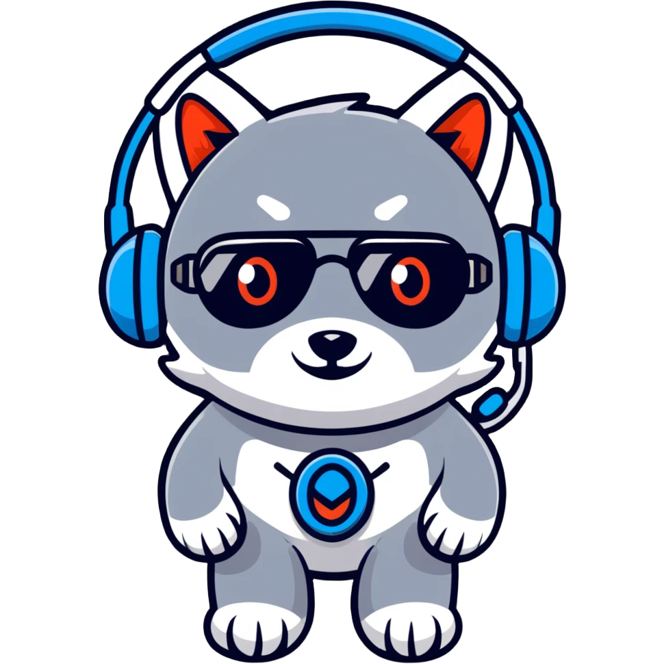 robotic wolf with digital eyes and circuit patterns wearing coach headset with football icon emoji