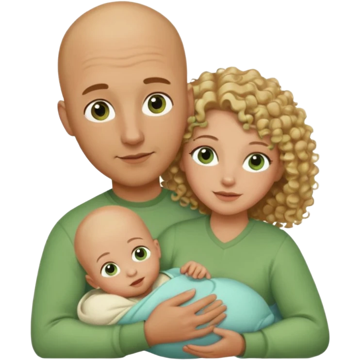 Un hombre calvo de ojos marrones con su mujer rubia de pelo rizado y ojos verdes sosteniendo un bebé niño de pelo rizado moreno y de ojos marrón verdoso emoji