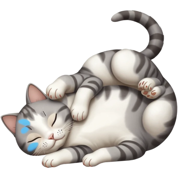 grey and white small cat eyes with closed lying down upside down with paws stretched out straight in different directions emoji