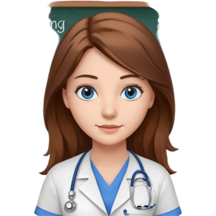 university classroom that says nursing school on the blackboard with a pretty female nursing student with long brown hair, blue eyes emoji