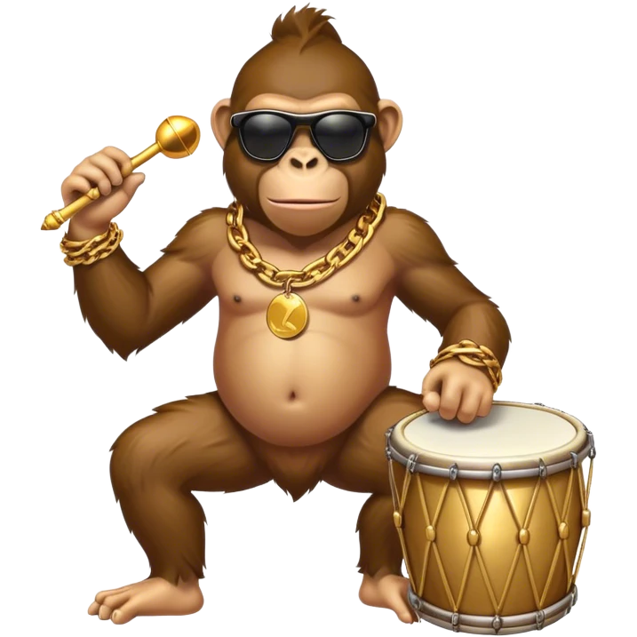 ape with big golden chain on the neck wearing sunglasses plays drum full height emoji