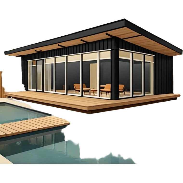 midcentury modern house with 1000 sqft and all windows and a sliding windows on corner. Single story. High ceilings, black and vertical wood slats for outside walls of home. Wood deck with complementary but different wood and shade from larger wood slats. With overhanging shade and slats. emoji