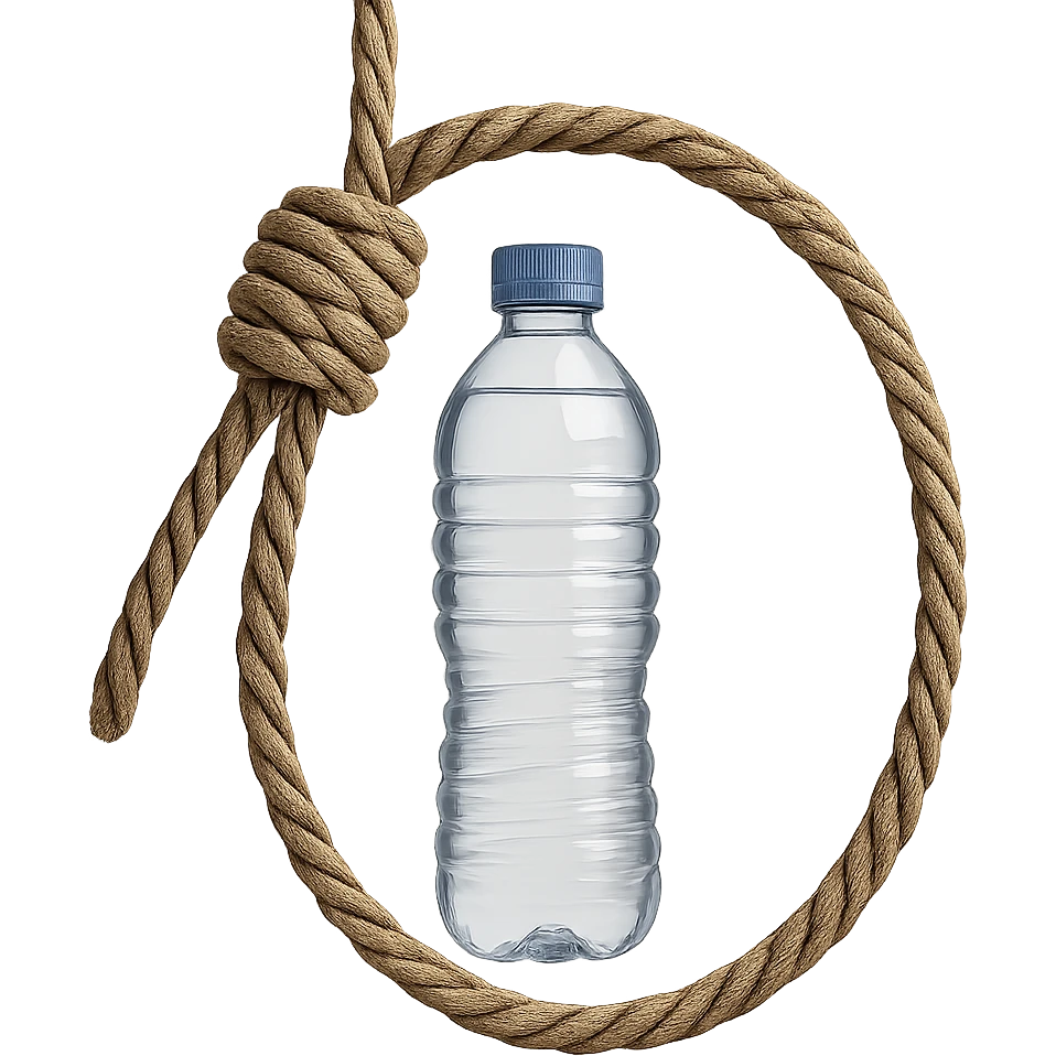 Realistic style depiction of a long rope with a loop, inside the rope a visible water bottle, natural details, symbolic atmosphere, no background. emoji