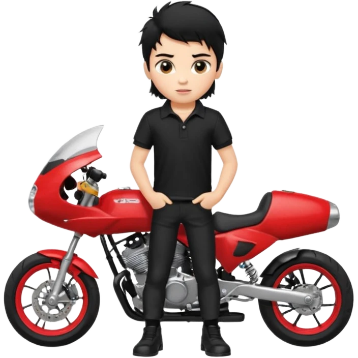 generate a pretty fair bratz boy with a messy mullet (black hair), wearing a BLACK polo.  standing witha superbike emoji