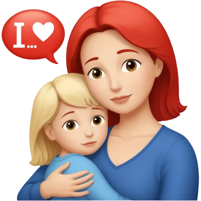 The mother and child should hug each other, and inside the speech bubble, it should say "I love you very much, Mommy" in French. emoji