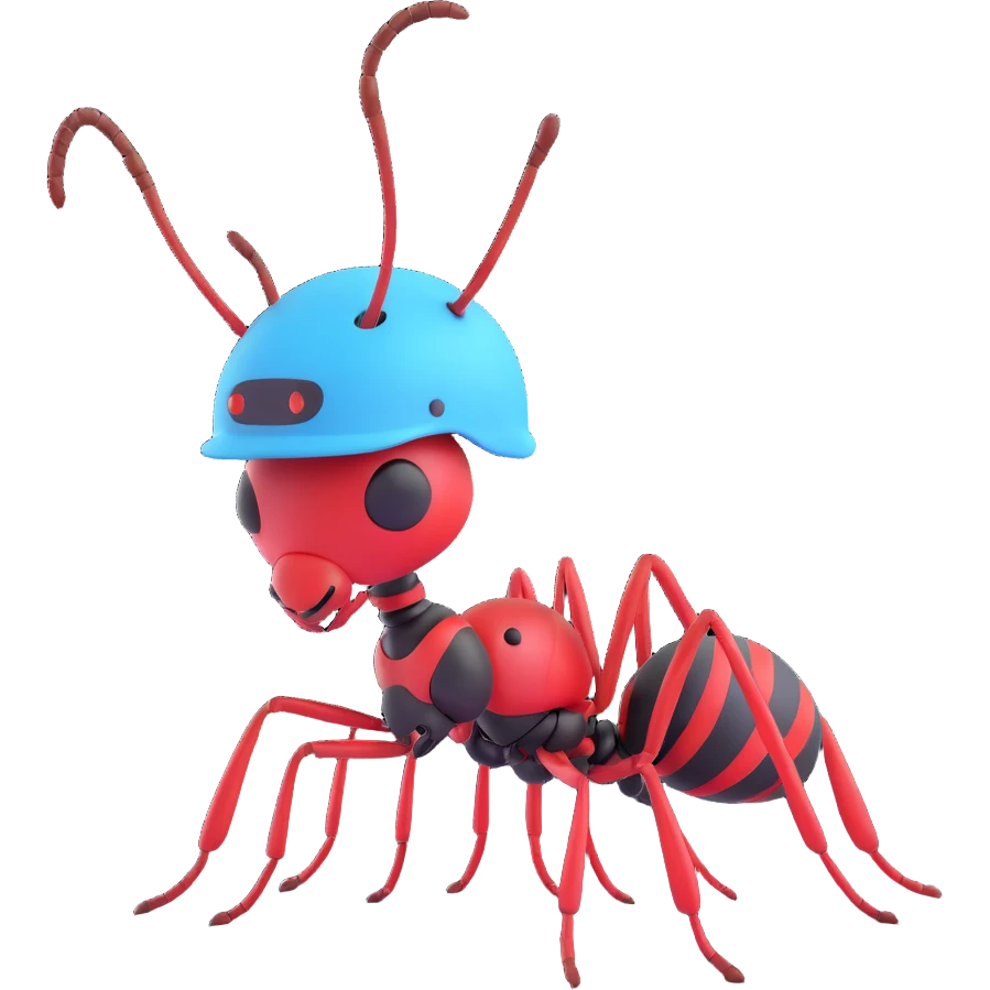 a brave ant, wearing a tiny helmet, ready for adventure emoji