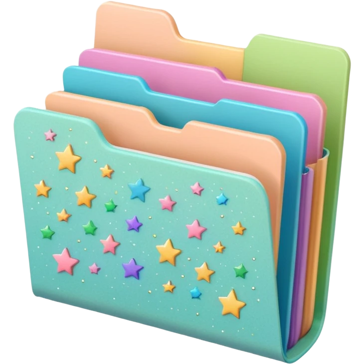 small cute folder icon in soft pastel colors light yellow or peach, slightly open at the top, colorful divider tabs inside peeking out blue green pink purple, white label area on front with word Covers in playful handwriting, small sparkles or stars around folder, emoji style emoji